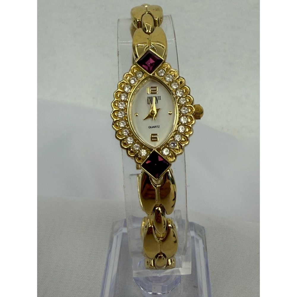 Gruen II Womens Gold Tone Quartz Watch Crystal Purple Stone Marquise Bangle